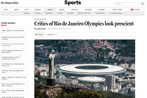 Reportagem desta quarta-feira do The Boston Globe põe em xeque capacidade brasileira de entregar Copa e Olimpíadas / Foto: Reprodução / The Boston Globe